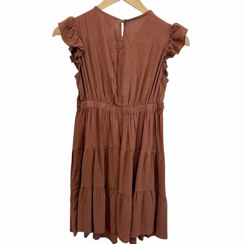Boho Floral Embroidered Ruffle Tiered Mini Dress Rust Orange Terracotta Size 12